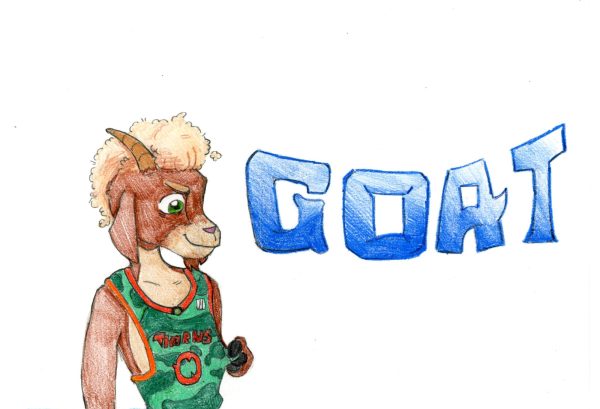 For the Goat text I used a circular piece of paper to perfect the curve of the letters and colored pencils for the shading. For the center piece of the art I used colored pencils for coloring and pencil for an outline.