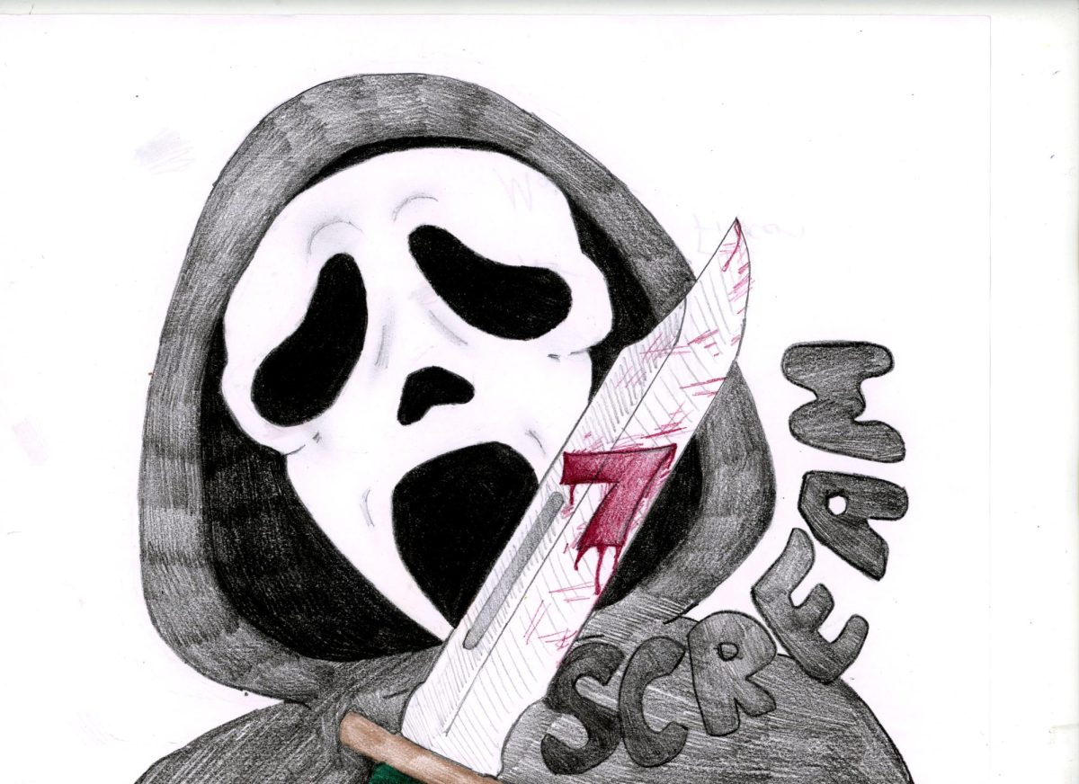 For this drawing I wanted to keep it simple and similar to the movie poster for scream 7. I used both pencil for details and colored pencils for the base coloring.