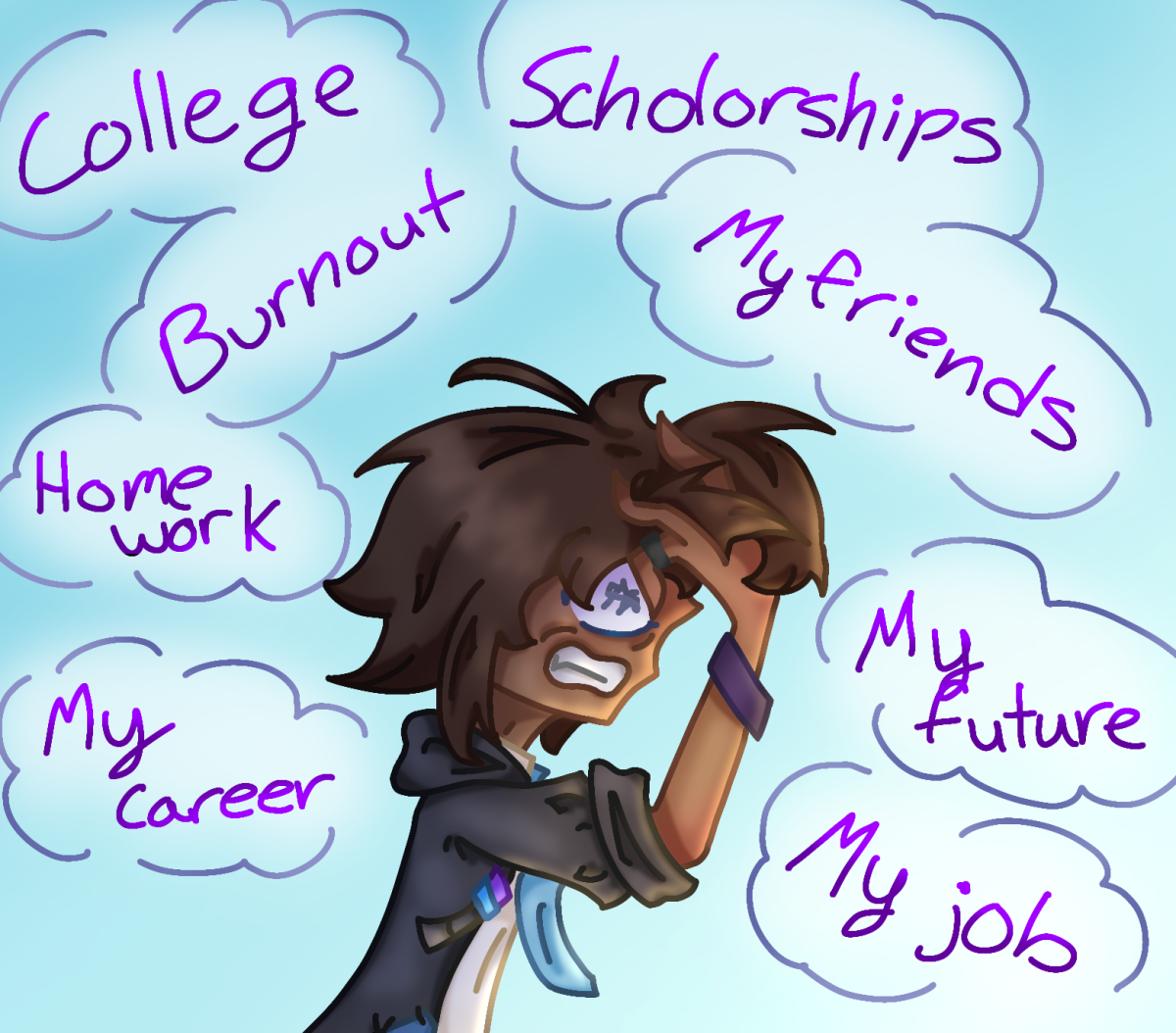 The goal was to help seniors truly represent how they feel about the stress of leaving high school. I really wanted it to feel relatable with the bright loud colors surrounding them while they stress about a million things at once.