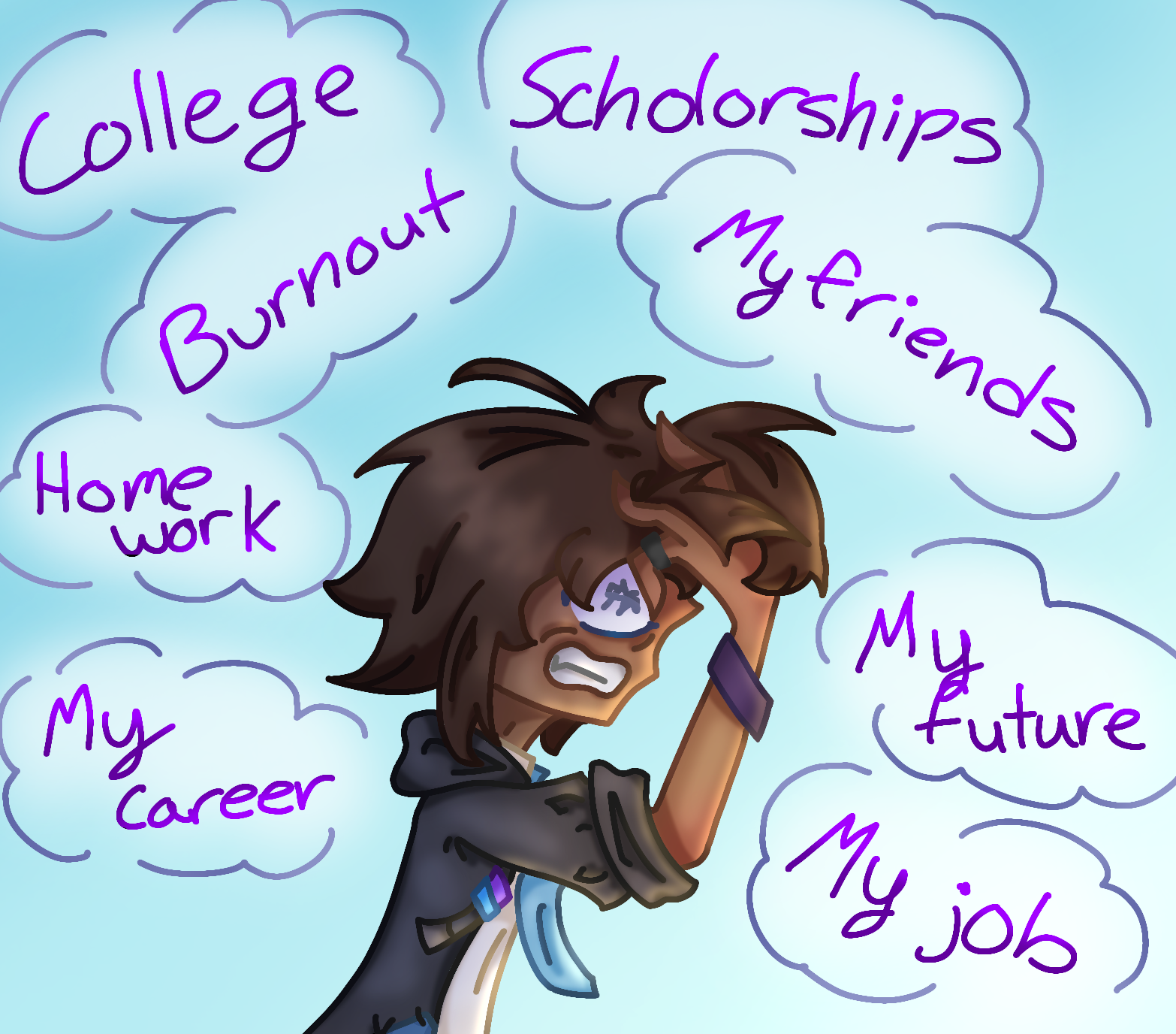 The goal was to help seniors truly represent how they feel about the stress of leaving high school. I really wanted it to feel relatable with the bright loud colors surrounding them while they stress about a million things at once.